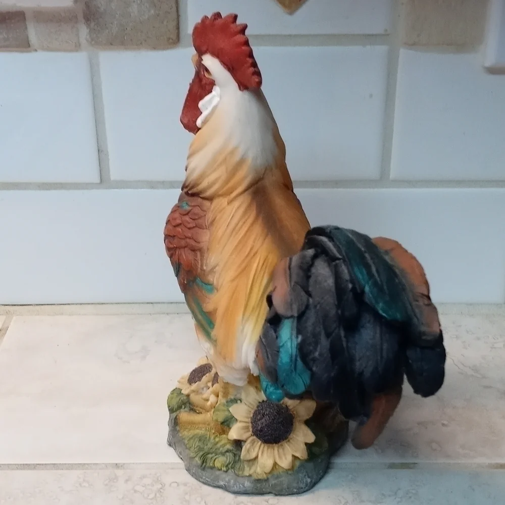 Farm decor rooster with sunflowers and a beautiful blue tail